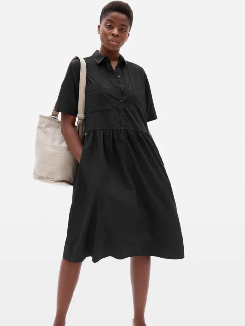 Everlane Black Parklet Short-Sleeve Button-Front Midi Dress